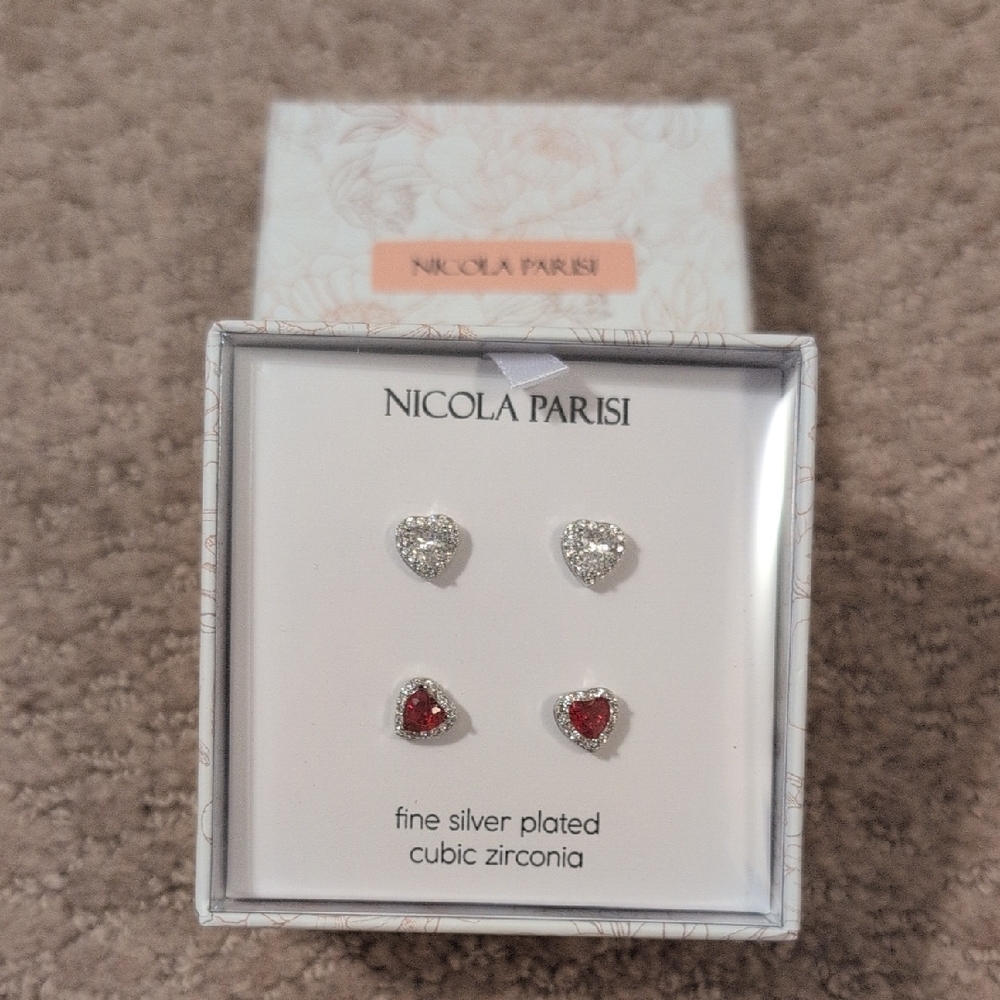 Nicola Parisi Silver and Red Heart Earrings 2 Pairs Gift Set NWT